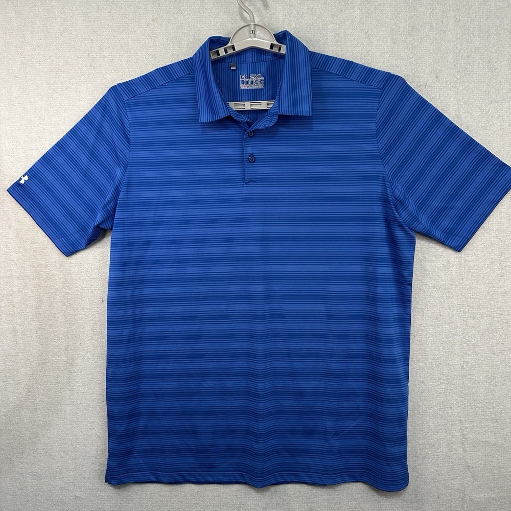 Under Armour Polo Shirt Men 2XL Loose Heat Gear Blue Striped‎ Performance